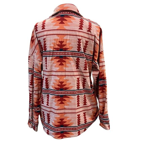 Savanna Jane Aztec Print Corduroy Shacket Size Small Pockets Orange Red Blue - Picture 3 of 11